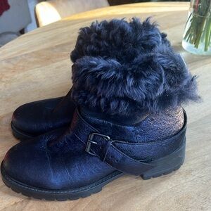 Blue leather shearling moto boots